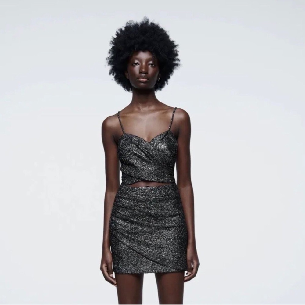 Zara SM Black Glitter Mini Dress Sweetheart Neckline Spaghetti Strap